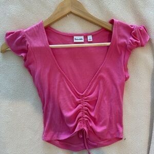 Sun-Deh Aritzia Ruched Ruffle Pink Blouse